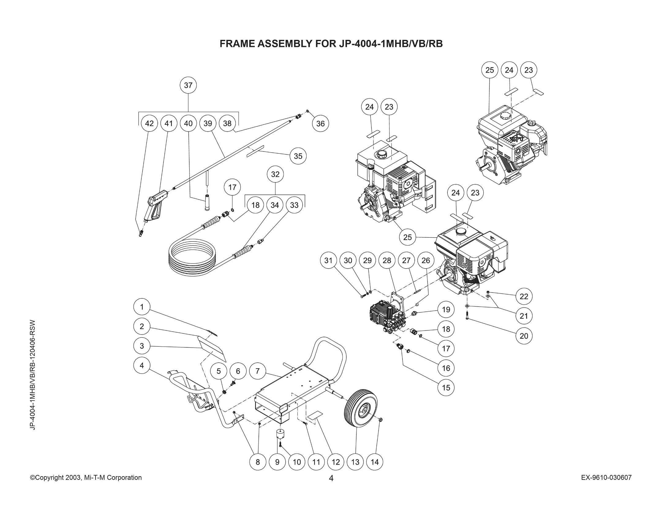 JP-4004-1MVB/VB/RB Pressure Washer Parts Page with breakdown, repair kits, pumps, replacement parts & owners manual
